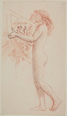 Female nude - study of a figure holding a harp, facing left, 1864. Creator: Sir Edward Coley Burne-Jones
