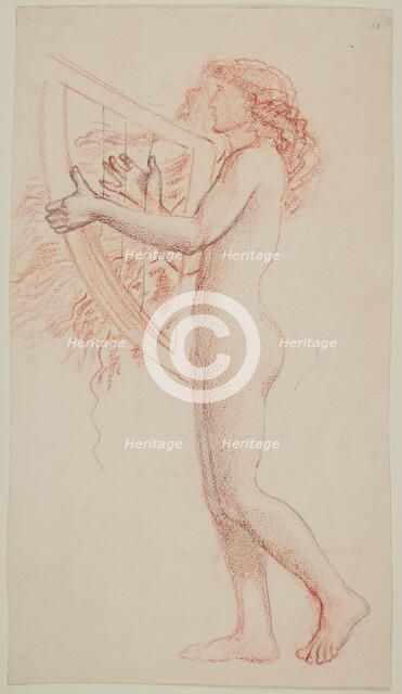Female nude - study of a figure holding a harp, facing left, 1864. Creator: Sir Edward Coley Burne-Jones.