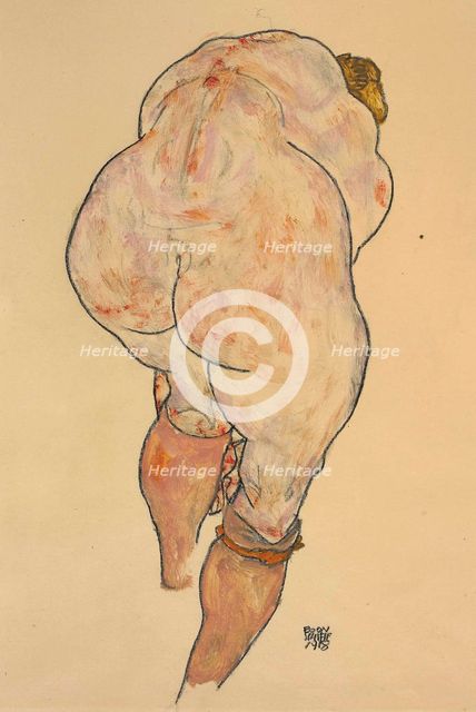 Female Nude Pulling up Stockings, Back View, 1918.