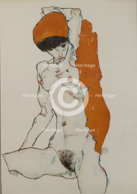 Female nude with orange-red cloth, 1914. Artist: Schiele, Egon (1890-1918)