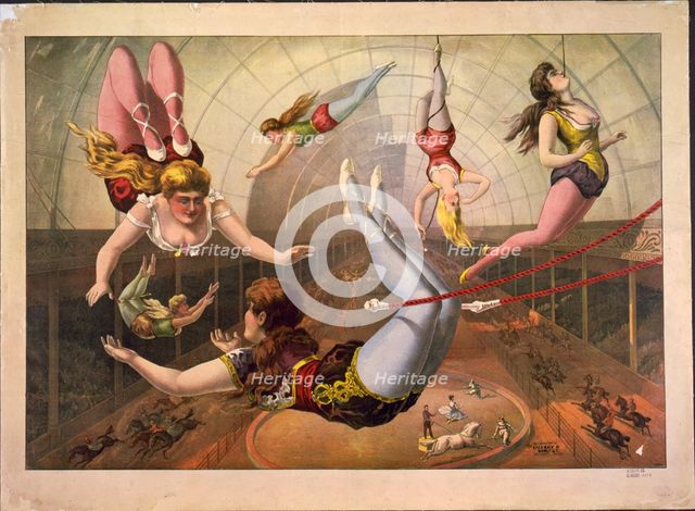Female acrobats on trapezes at circus, c. 1890. Artist: Calvert Litho. Co.  
