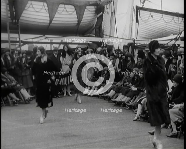 Female Civilians Modelling at a Fashion Show on the Deck of an Ocean Liner, 1926. Creator: British Pathe Ltd.