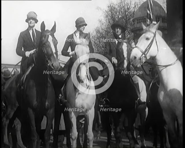 Female Civilians on Horseback Demonstrating in London Against Continuous Strikes in the Rain, 1926. Creator: British Pathe Ltd.