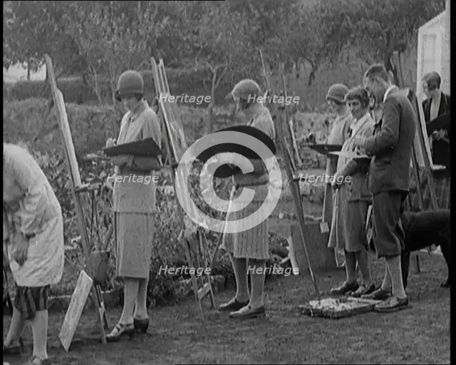 Female Civilians Outdoors Painting at Easels in an Art Class, 1920. Creator: British Pathe Ltd.