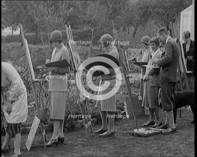 Female Civilians Outdoors Painting at Easels in an Art Class, 1920. Creator: British Pathe Ltd.
