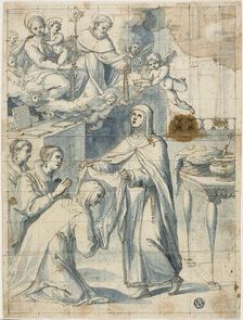 Female Dominican Saint Beholding the Virgin and Child and Saint Dominic, While..., n.d. Creator: Unknown