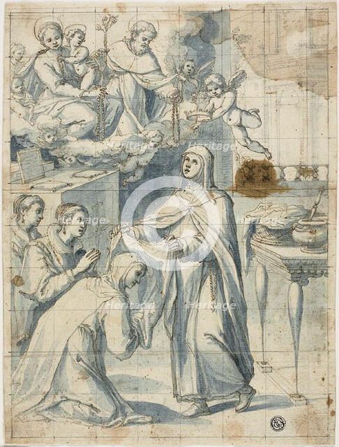 Female Dominican Saint Beholding the Virgin and Child and Saint Dominic, While..., n.d. Creator: Unknown.
