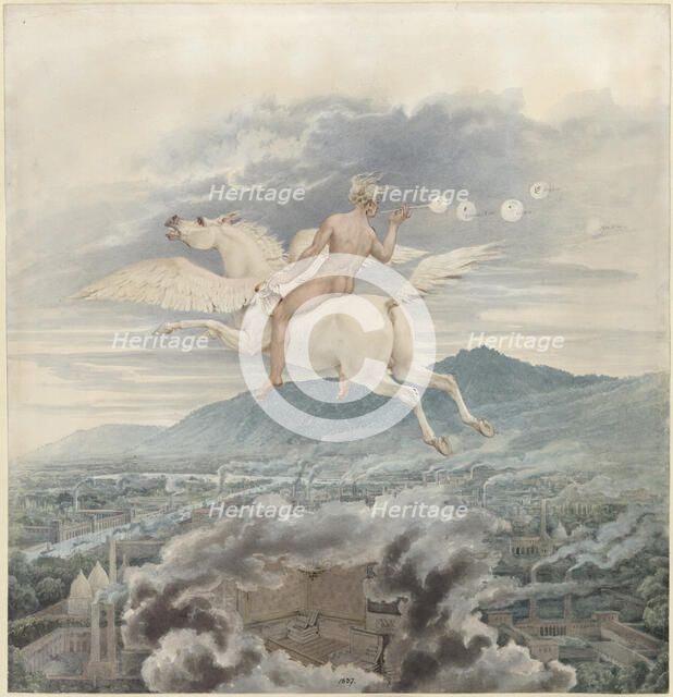 Female figure (blowing bubbles), as allegory of Christian Peter Wilhelm Beuth, riding Pega..., 1837. Creator: Schinkel; Karl Friedrich (1781-1841).