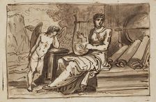 Female Figure (Geography?) with a Lyre, Globe, Maps, and Cupid, between 1758 and 1823. Creator: Felice Giani