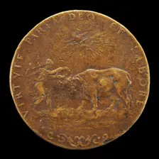 Female Figure Placing a Wreath on an Ox's Horns [reverse], probably 1558. Creator: Alessandro Vittoria