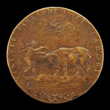 Female Figure Placing a Wreath on an Ox's Horns [reverse], probably 1558. Creator: Alessandro Vittoria