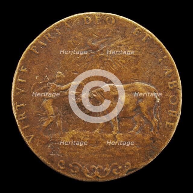 Female Figure Placing a Wreath on an Ox's Horns [reverse], probably 1558. Creator: Alessandro Vittoria.