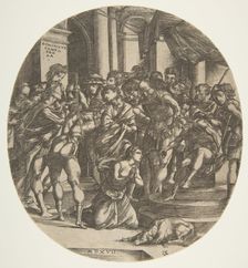Female figure (Saint Catherine?) kneeling on the ground at center pleading to a male figur..., 1517. Creator: Domenico Campagnola