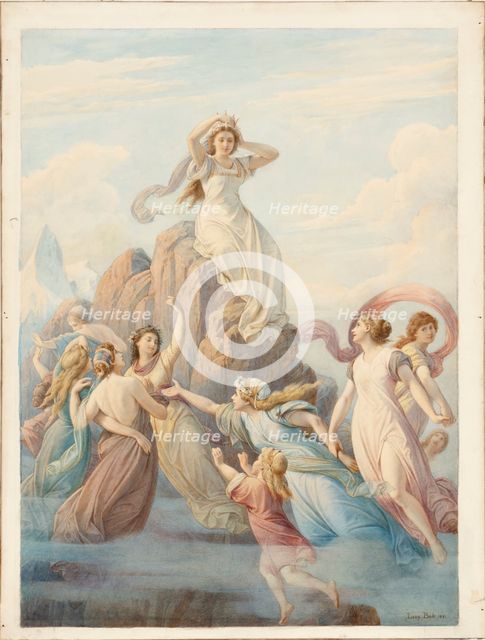 Female figures around a rock, Schiller's "Berglied", 1881.  Creator: Leopold Bode.
