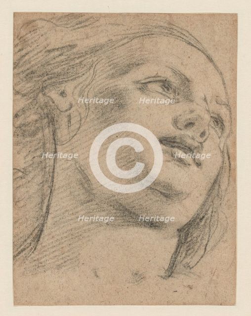Female Head Study Looking Up to Right (recto); Study of Two Figures Supporting an..., 1630/70. Creator: Unknown.