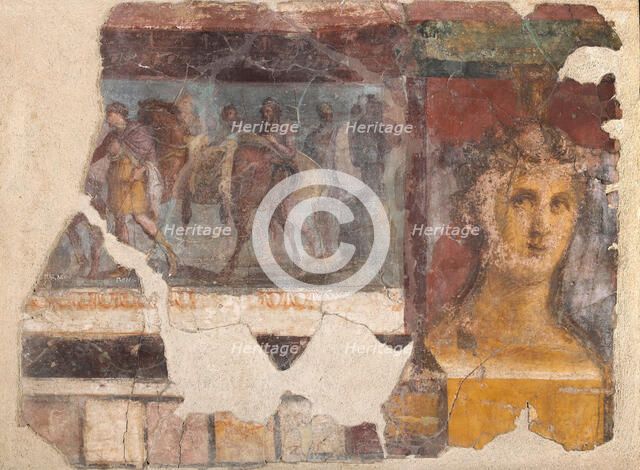 Female herm and fragment with Iliad scene, 1st century. Creator: Roman-Pompeian wall painting.