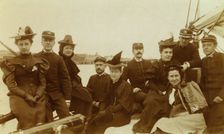 Female passengers and crew members in group portrait aboard ship,1894 or 1895. Creator: Alfred Lee Broadbent
