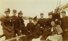 Female passengers and crew members in group portrait aboard ship,1894 or 1895. Creator: Alfred Lee Broadbent