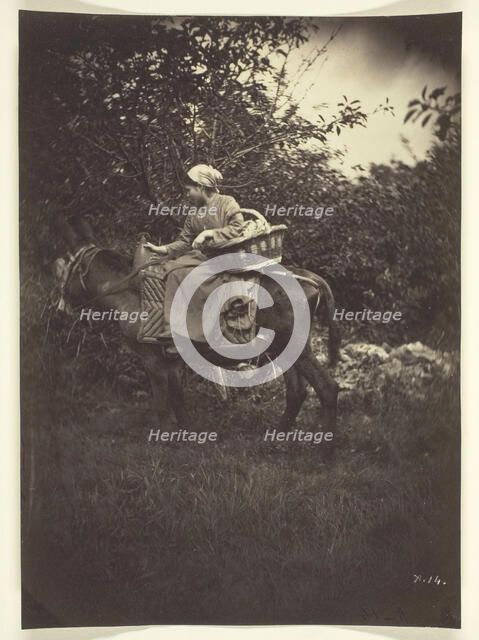 Female Peasant Riding Donkey, 1870. Creator: Giraudon's Artist.