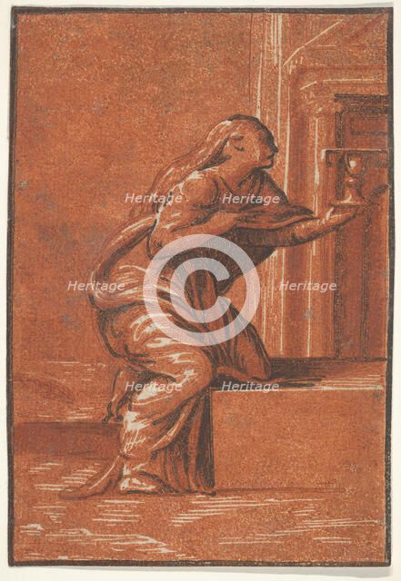 Female personification of Faith who kneels raising a chalice in her left hand, af..., ca. 1520-1560. Creator: Unknown.