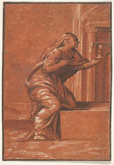 Female personification of Faith who kneels raising a chalice in her left hand, af..., ca. 1520-1560. Creator: Unknown