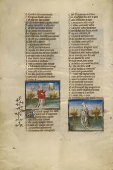 Female Personifications of Avarice and Boredom; Roman de la Rose, about 1405. Creator: Unknown