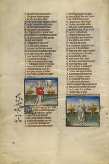 Female Personifications of Avarice and Boredom; Roman de la Rose, about 1405. Creator: Unknown