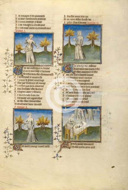 Female Personifications of Hatred, Evil, Vileness, and Greed; Roman de la Rose, about 1405. Creator: Unknown.