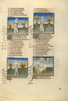 Female Personifications of Hatred, Evil, Vileness, and Greed; Roman de la Rose, about 1405. Creator: Unknown