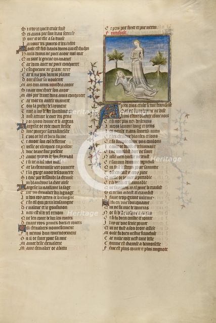 Female Personifications of Poverty and Franchise; Roman de la Rose, about 1405. Creator: Unknown.