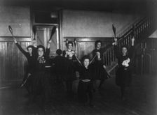 Female students exercising with bowling pins, Western High School, Washington, D.C., (1899?). Creator: Frances Benjamin Johnston