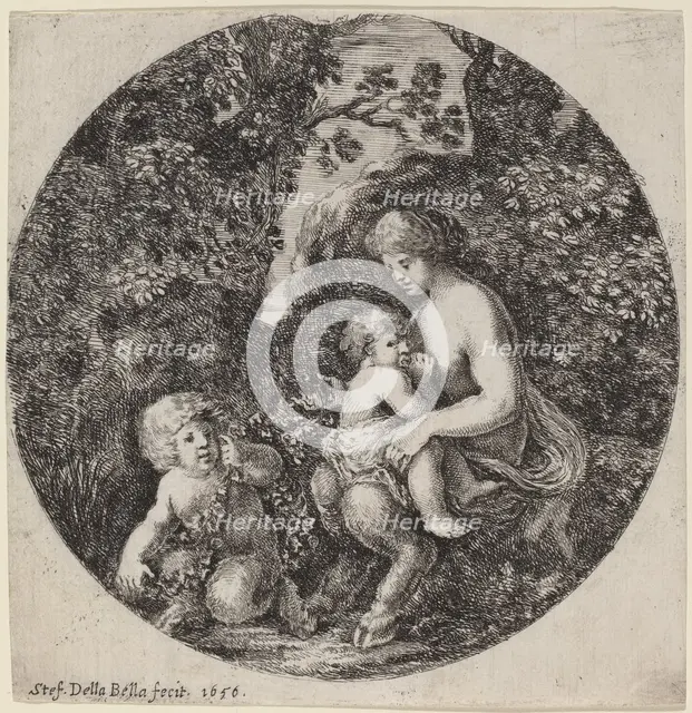 Female Satyr Nursing a Child in a Wooded Landscape, 1656. Creator: Stefano della Bella.