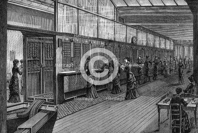 Female telephonists at the Central Telephone Exchange, Paris, 1890. Artist: Unknown