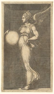 Female Winged Allegorical Figure Holding a Sphere, 1558/1559. Creator: Giorgio Ghisi