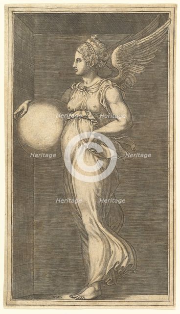 Female Winged Allegorical Figure Holding a Sphere, 1558/1559. Creator: Giorgio Ghisi.