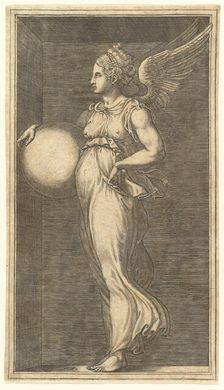 Female Winged Allegorical Figure Holding a Sphere, 1558/1559. Creator: Giorgio Ghisi