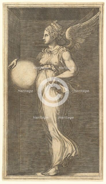 Female Winged Allegorical Figure Holding a Sphere, 1558/1559. Creator: Giorgio Ghisi.