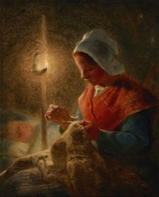 Femme coud à la lumière de la lampe (Woman Sewing by Lamplight), c1870-1872. Creator: Jean Francois Millet
