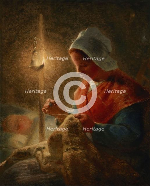 Femme coud à la lumière de la lampe (Woman Sewing by Lamplight), c1870-1872. Creator: Jean Francois Millet.
