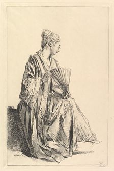 Femme assise, de profil à droite, jouant de l'eventail, 1720-70. Creator: Francois Boucher