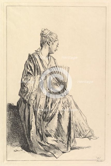 Femme assise, de profil à droite, jouant de l'eventail, 1720-70. Creator: Francois Boucher.
