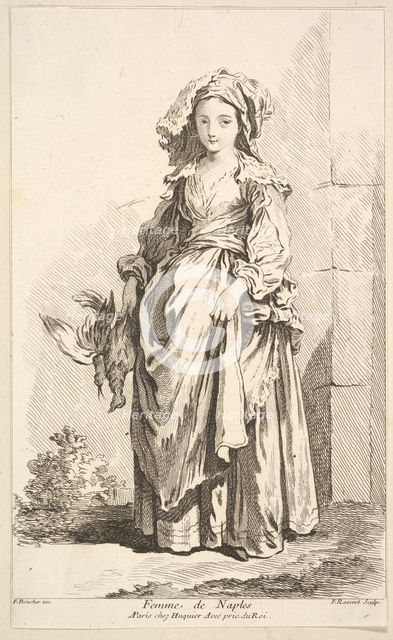 Femme de Naples, from Recueil de diverses fig.res étrangeres Inventées par F. Bouc..., 18th century. Creator: Simon François Ravenet.