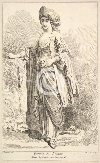 Femme du Levant, from Recueil de diverses fig.res étrangeres Inventées par F. Bouc..., 18th century. Creator: Simon François Ravenet.
