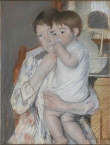 Femme et enfant devant une tablette où sont posés un broc et une cuvette, c. 1889