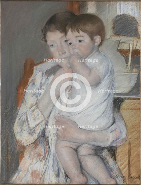 Femme et enfant devant une tablette où sont posés un broc et une cuvette, c. 1889.