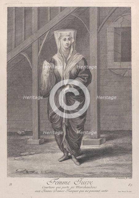 Femme Juive, Courtiere qui porte ses Marchandises aux Juenes Dames Turques qui ne peuve..., 1714-15. Creator: Unknown.