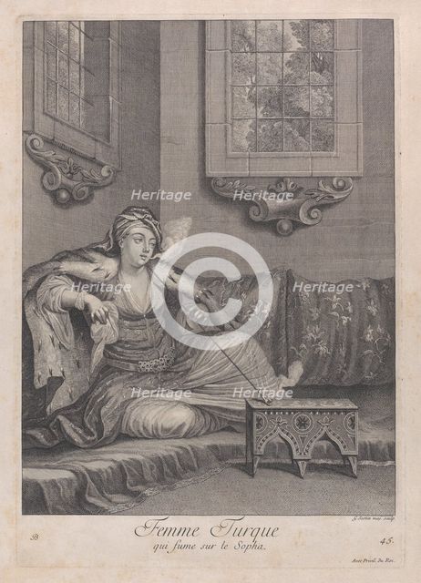Femme Turque, qui fume sur le Sopha, 1714-15. Creator: Unknown.
