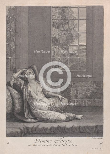 Femme Turque, qui repose sur le Sopha sortant du bain, 1714-15. Creator: Unknown.