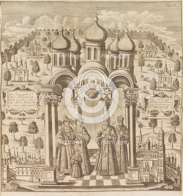 Feodor III, Peter I, Ivan V and Patriarch Adrian I. From "Das veraenderte Russland"..., 1721. Creator: Weber, Friedrich Christian (?-1739).