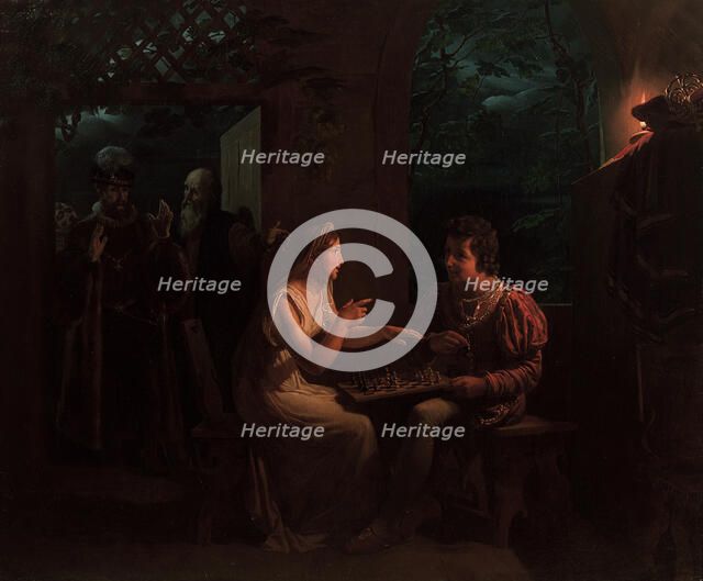 Ferdinand and Miranda playing a game of chess, 1822. Creator: Saint-Evre, Gillot (1791-1858).